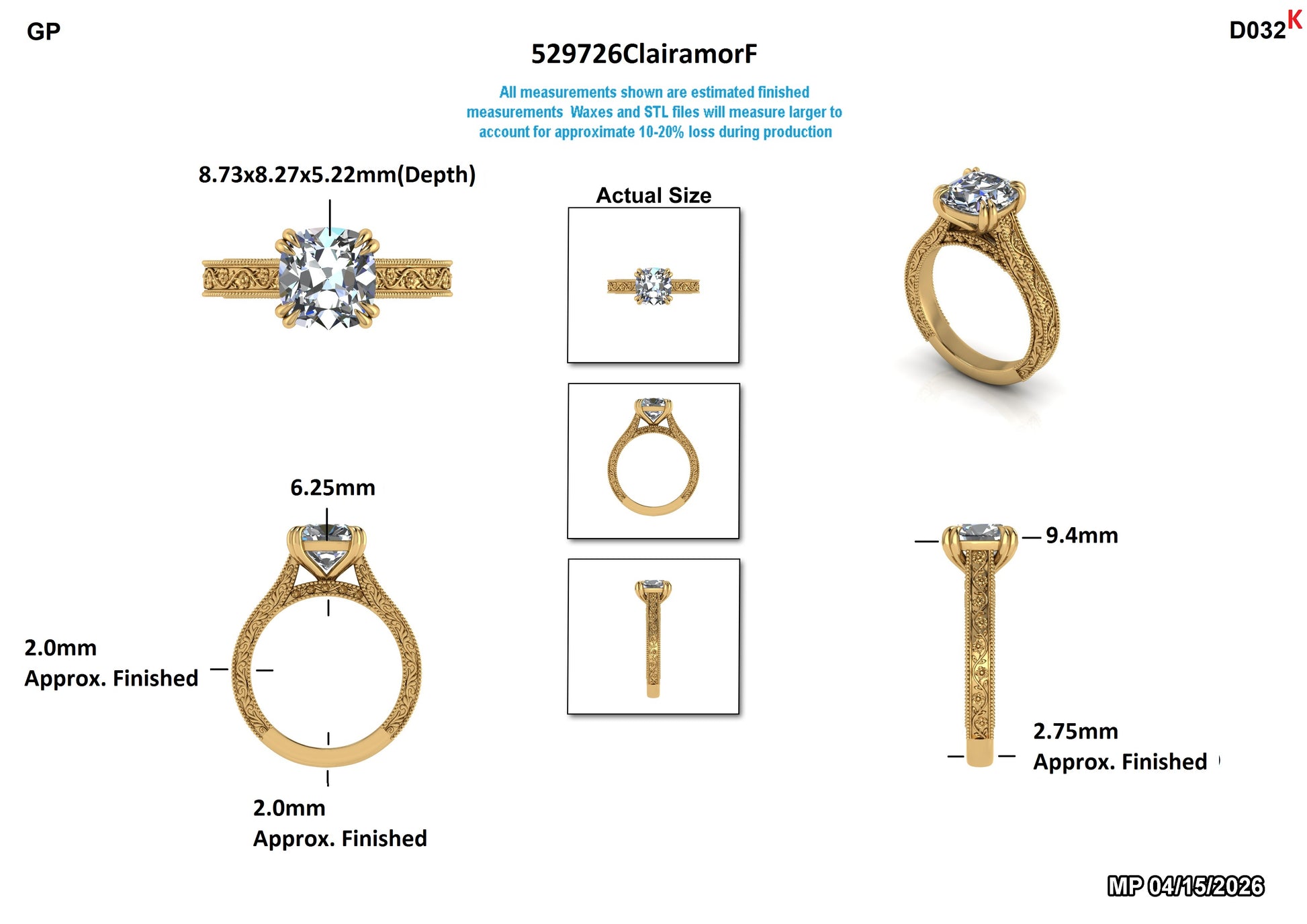 Lab-grown diamond engagement ring with intricate gold band, detailed measurements and actual size views