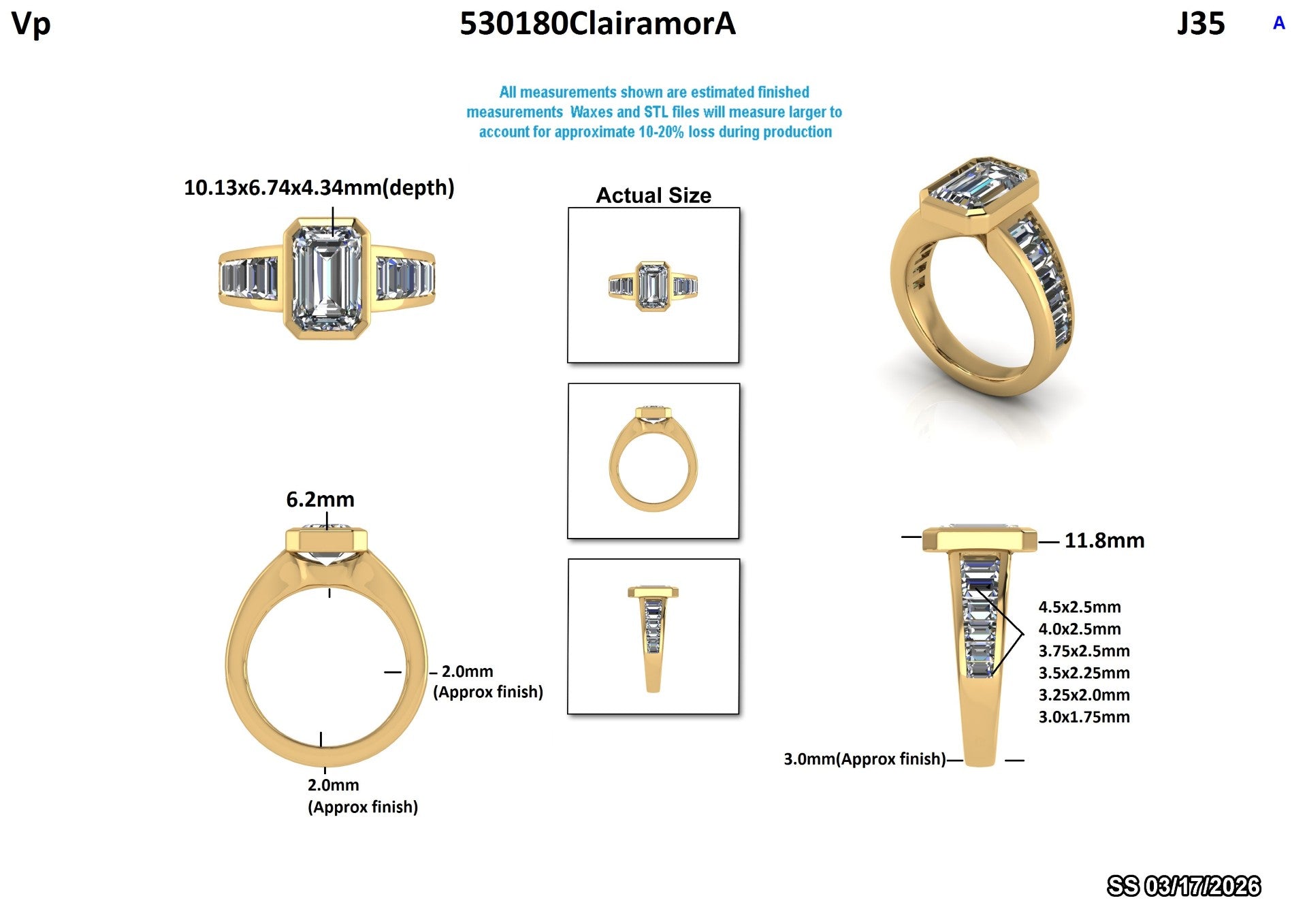 Emerald cut lab-grown diamond engagement ring in yellow gold with side accents, detailed dimensions shown