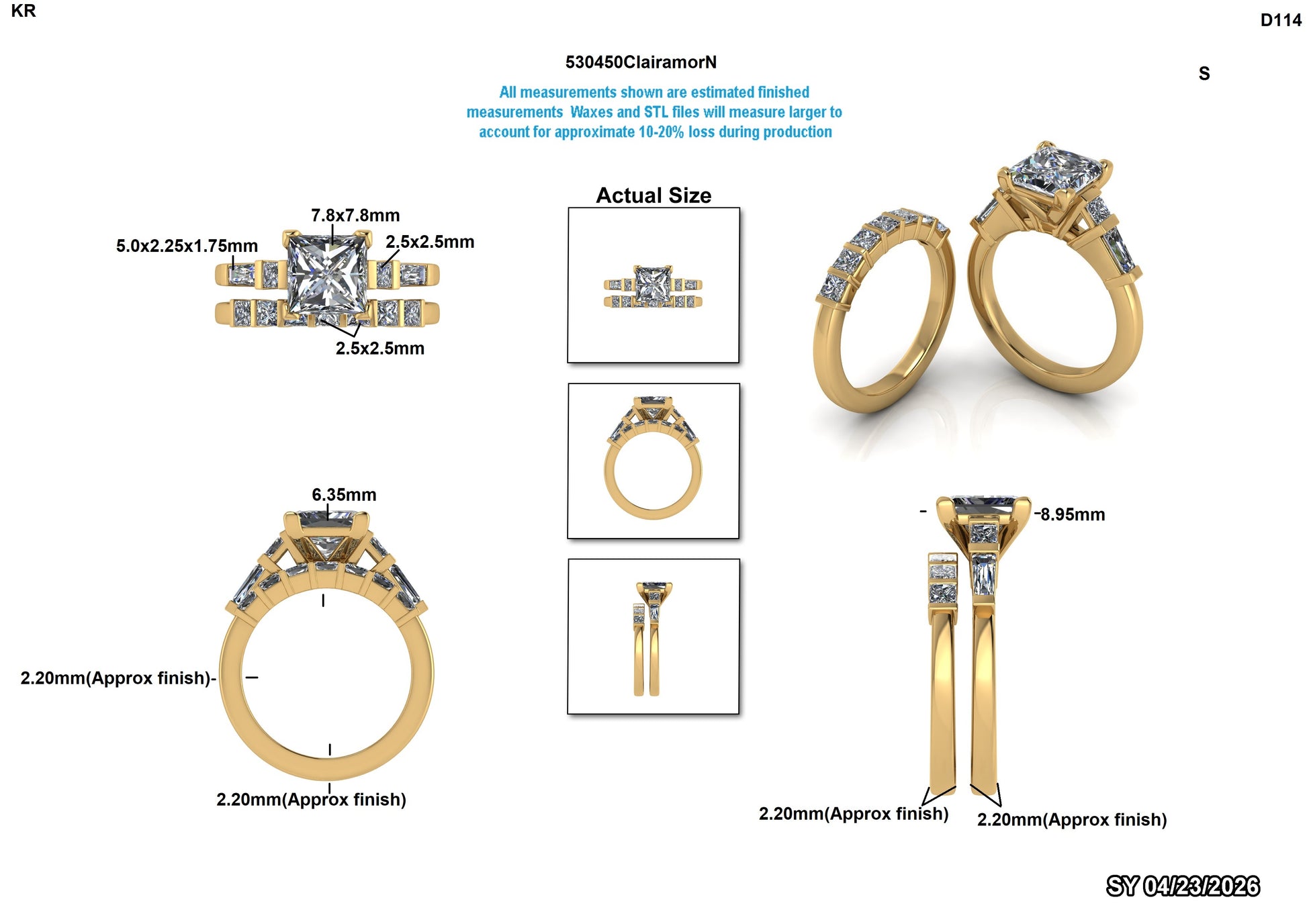 Lab-grown diamond engagement ring with princess cut center stone, gold band, and detailed measurements