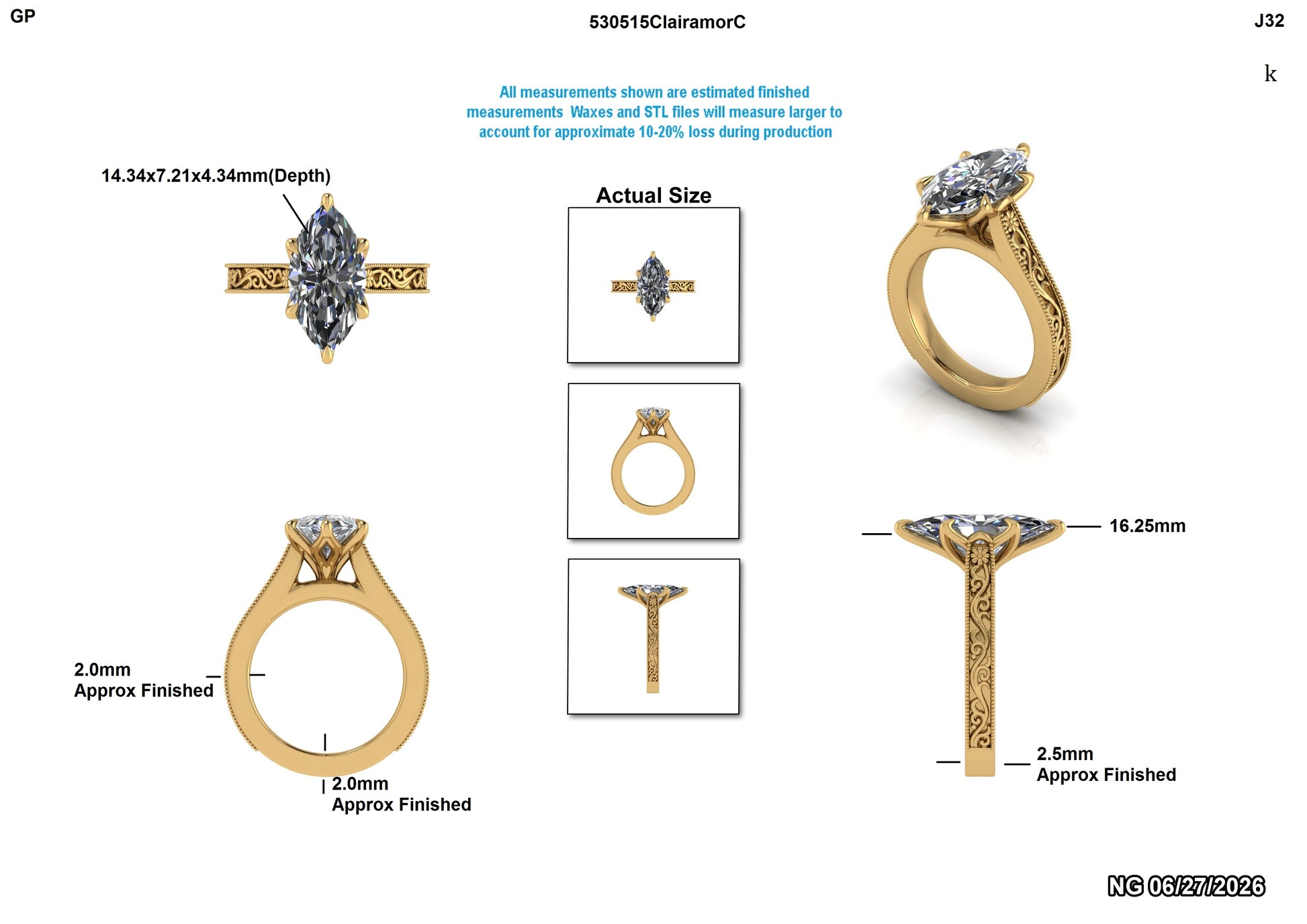 Gold ring with diamond stones and measurements on a white background