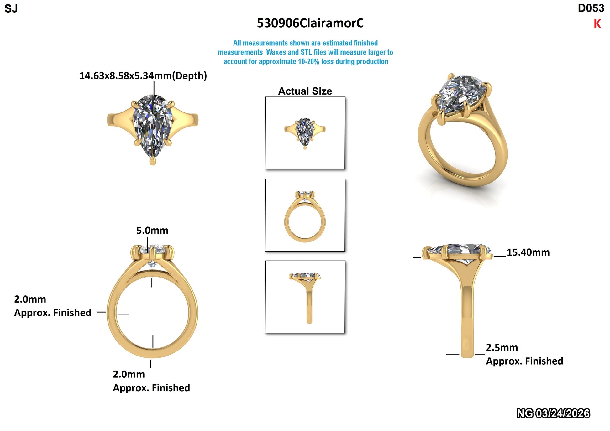 Lab-grown diamond engagement ring with pear-shaped stone, gold band, detailed dimensions and actual size views