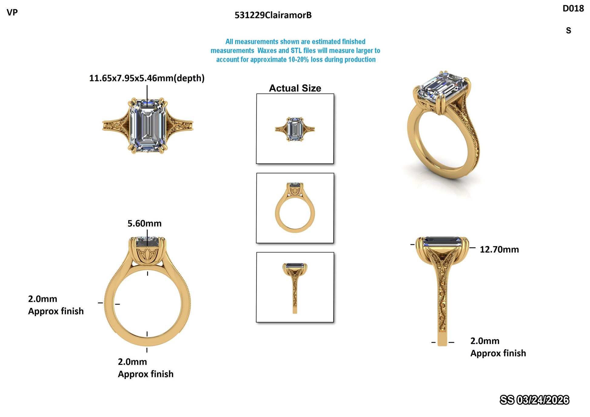 Elegant emerald-cut lab-grown diamond ring with intricate gold band details