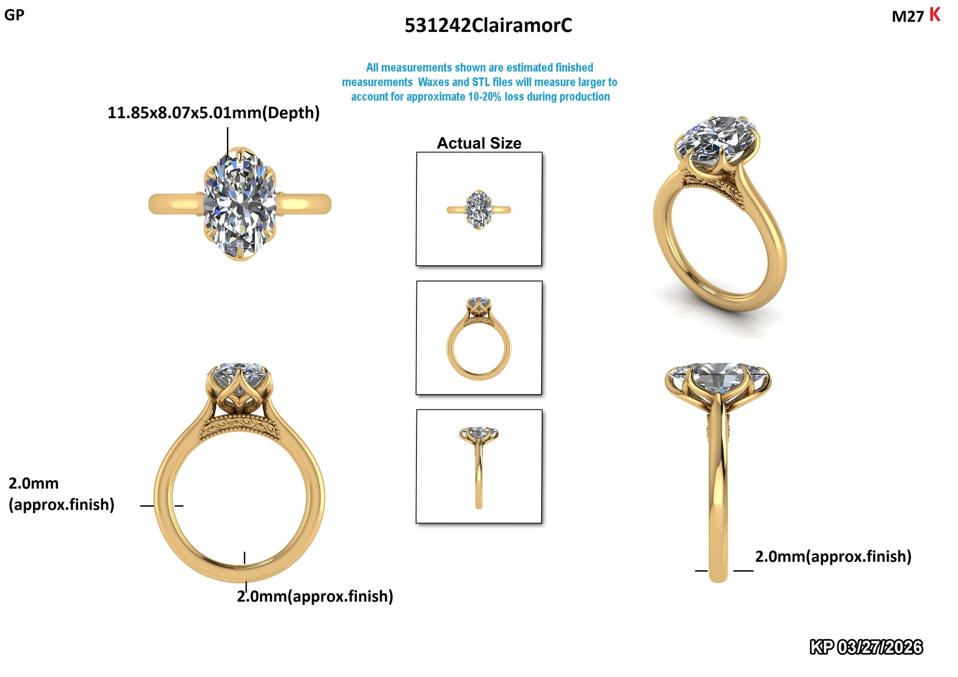 Oval lab-grown diamond engagement ring in yellow gold, detailed views with measurements