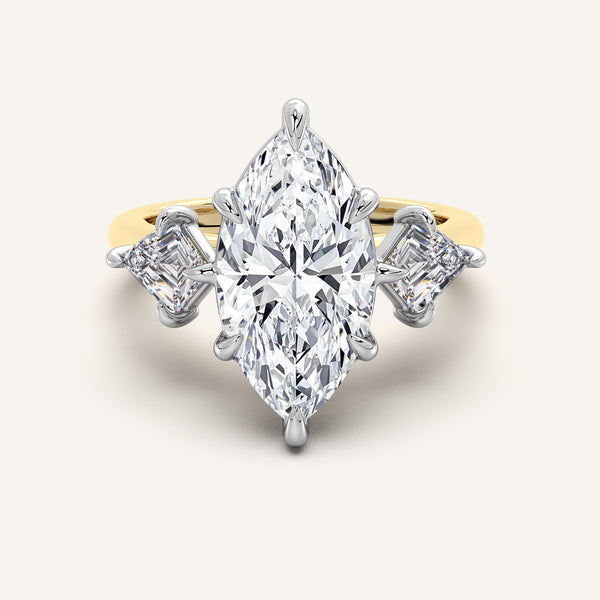 Kite Shaped Side Stone Marquise Ring | 14k Two Tone Gold