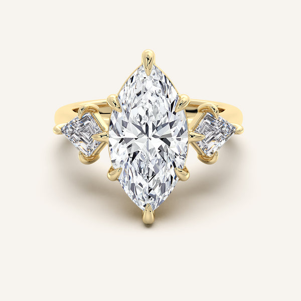 Kite Shaped Side Stone Marquise Ring | 18k Yellow Gold