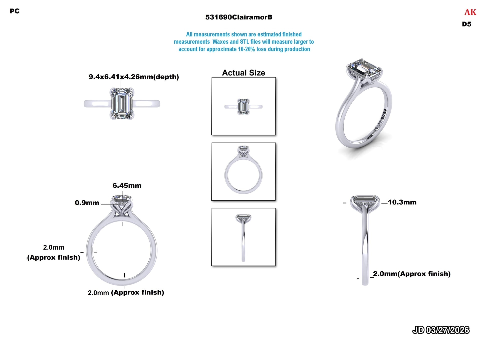 Lab-grown diamond engagement ring with emerald cut, detailed dimensions and actual size views