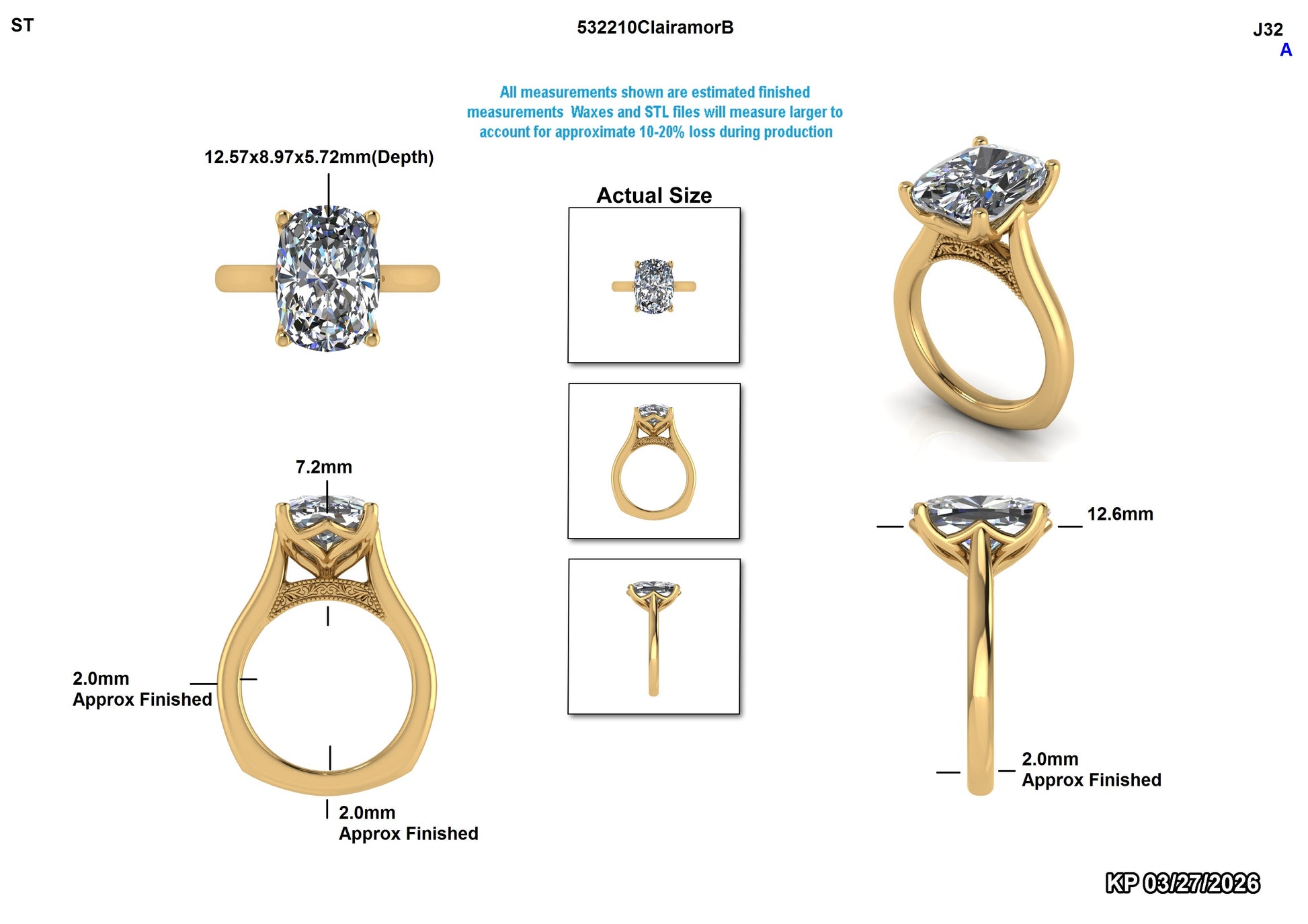 Lab-grown diamond engagement ring in yellow gold with oval center stone and detailed measurements