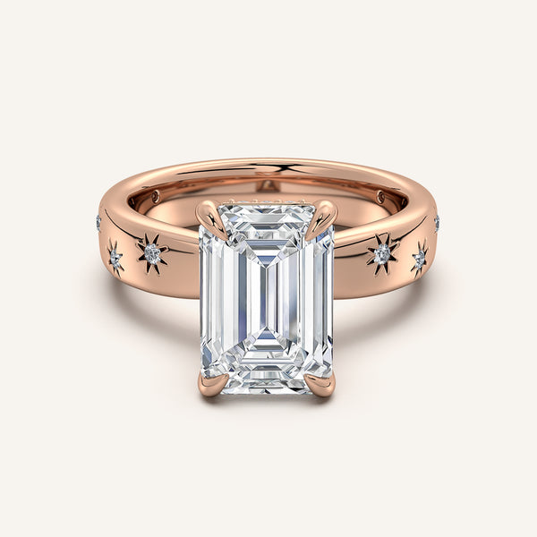 Emerald Cut Celestial Engagement Ring | 18k Rose Gold