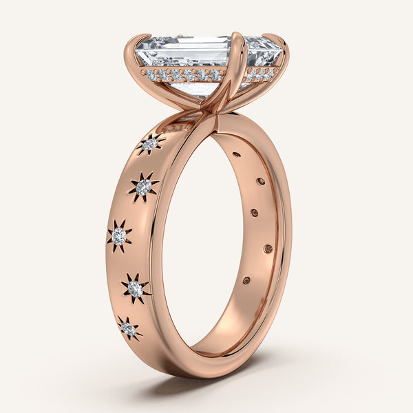 Emerald Cut Celestial Engagement Ring | 18k Rose Gold