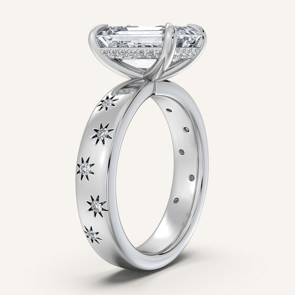 Emerald Cut Celestial Engagement Ring | 18k White Gold
