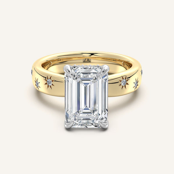 Emerald Cut Celestial Engagement Ring | 18k Two Tone Gold