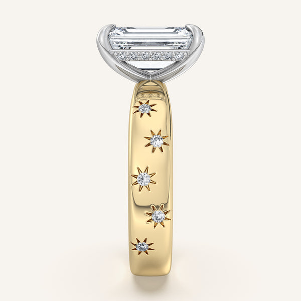 Emerald Cut Celestial Engagement Ring | 18k Two Tone Gold