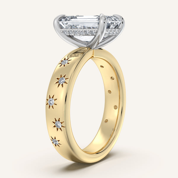 Emerald Cut Celestial Engagement Ring | 18k Two Tone Gold