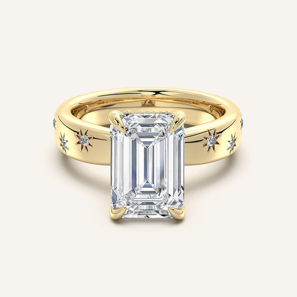 Emerald Cut Celestial Engagement Ring | 18k Yellow Gold