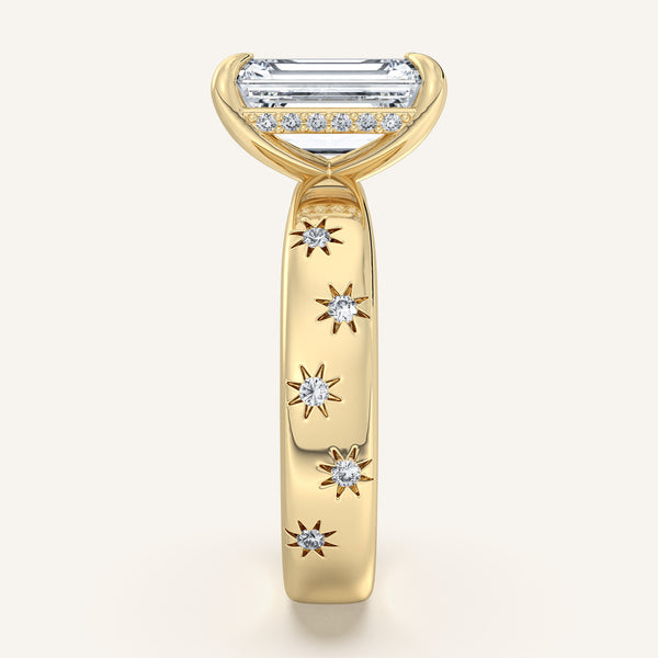 Emerald Cut Celestial Engagement Ring | 18k Yellow Gold