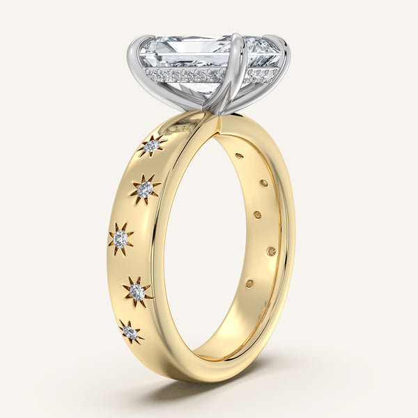 Radiant Cut Celestial Engagement Ring | 14k Two Tone Gold