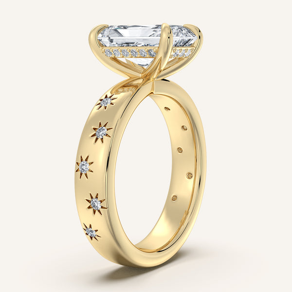 Radiant Cut Celestial Engagement Ring | 14k Yellow Gold