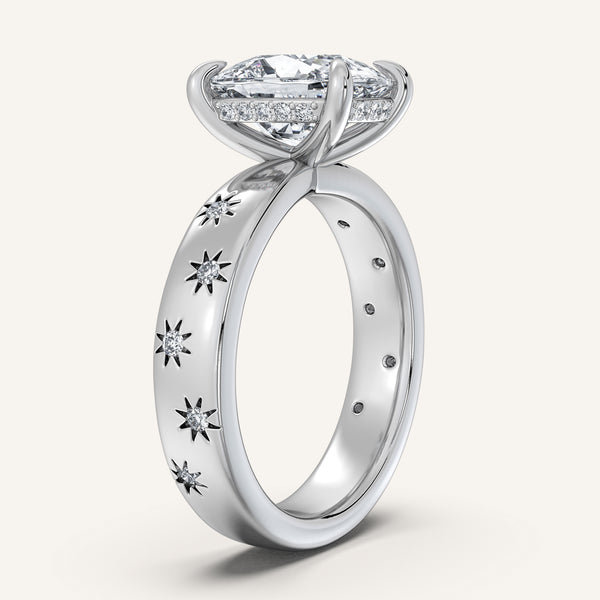Cushion Cut Celestial Engagement Ring | 14k White Gold