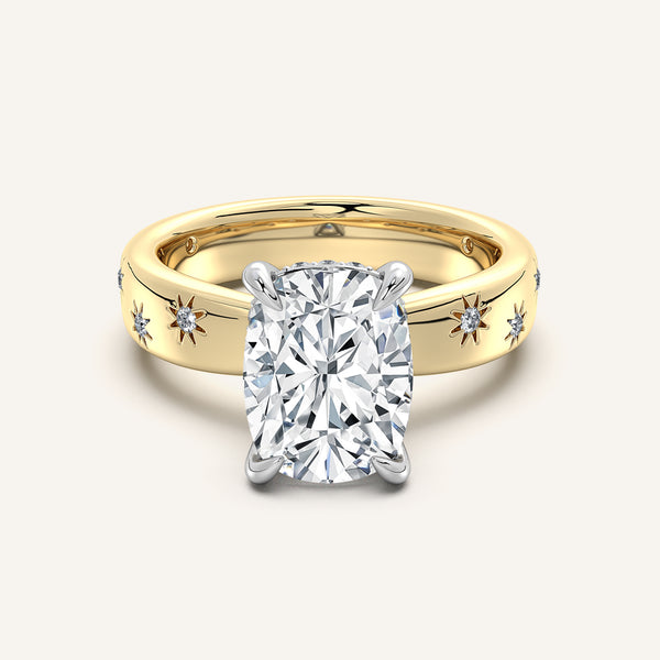 Cushion Cut Celestial Engagement Ring | 18k Two Tone Gold