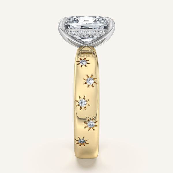 Cushion Cut Celestial Engagement Ring | 18k Two Tone Gold