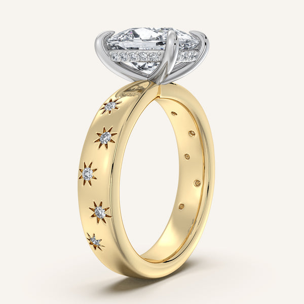 Cushion Cut Celestial Engagement Ring | 18k Two Tone Gold