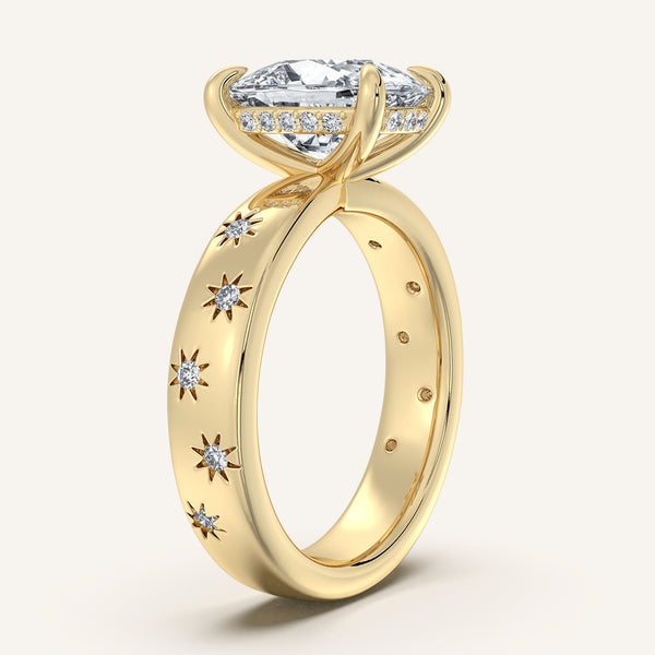 Cushion Cut Celestial Engagement Ring | 14k Yellow Gold
