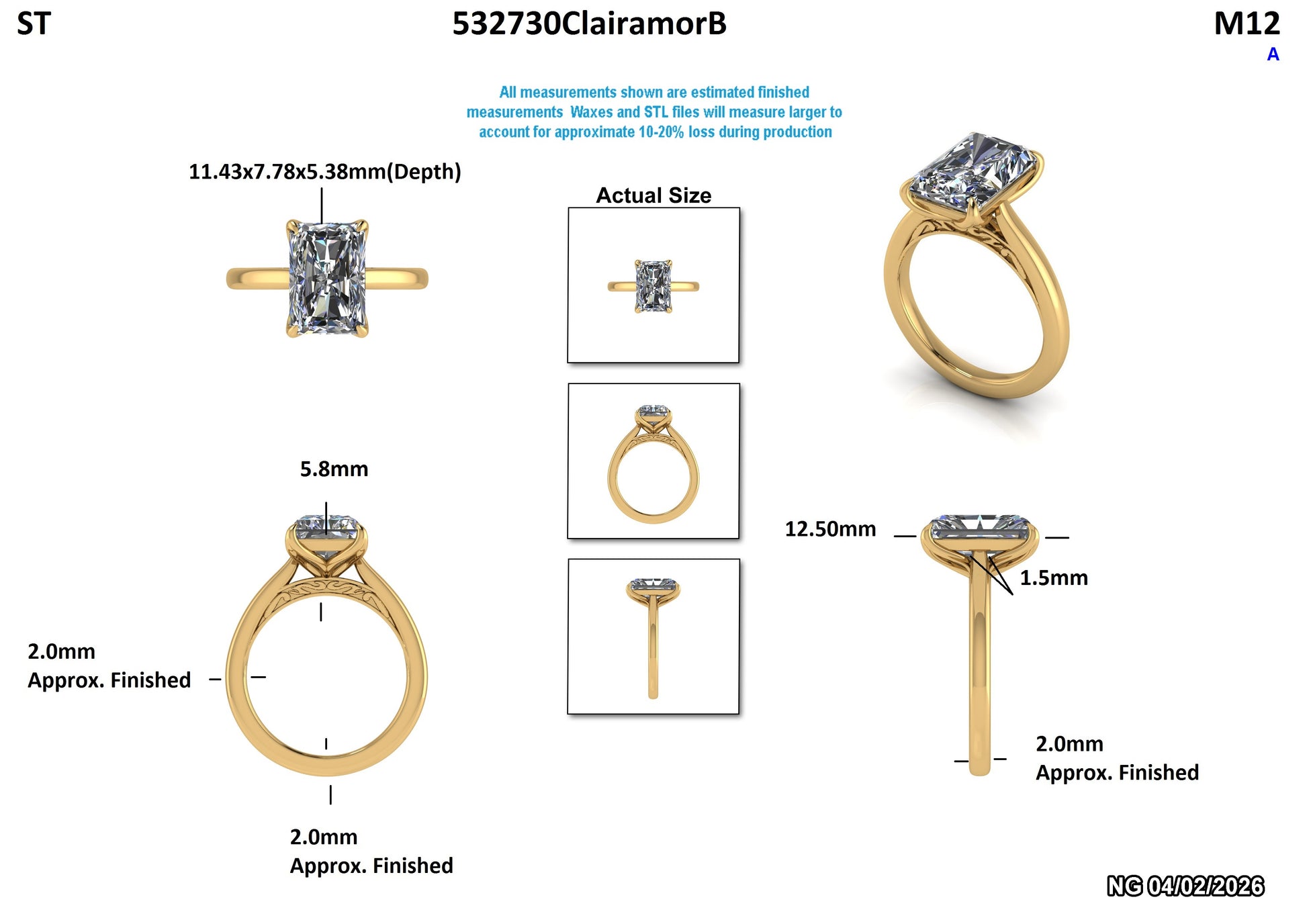 Lab-grown diamond engagement ring with detailed measurements, featuring a rectangular stone in yellow gold setting