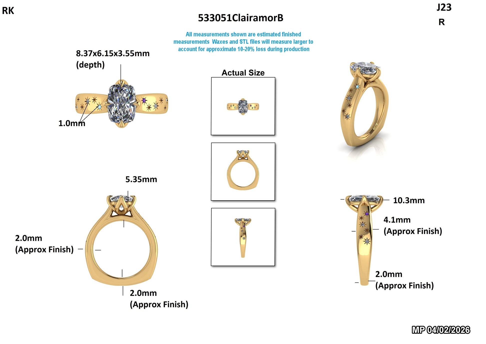 Gold engagement ring with oval lab-grown diamond, starburst accents, and detailed measurements for ethical jewelry shopping.