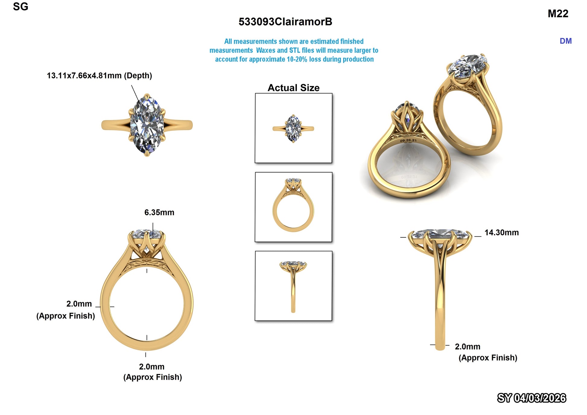 Oval lab-grown diamond engagement ring in yellow gold, detailed views and measurements shown