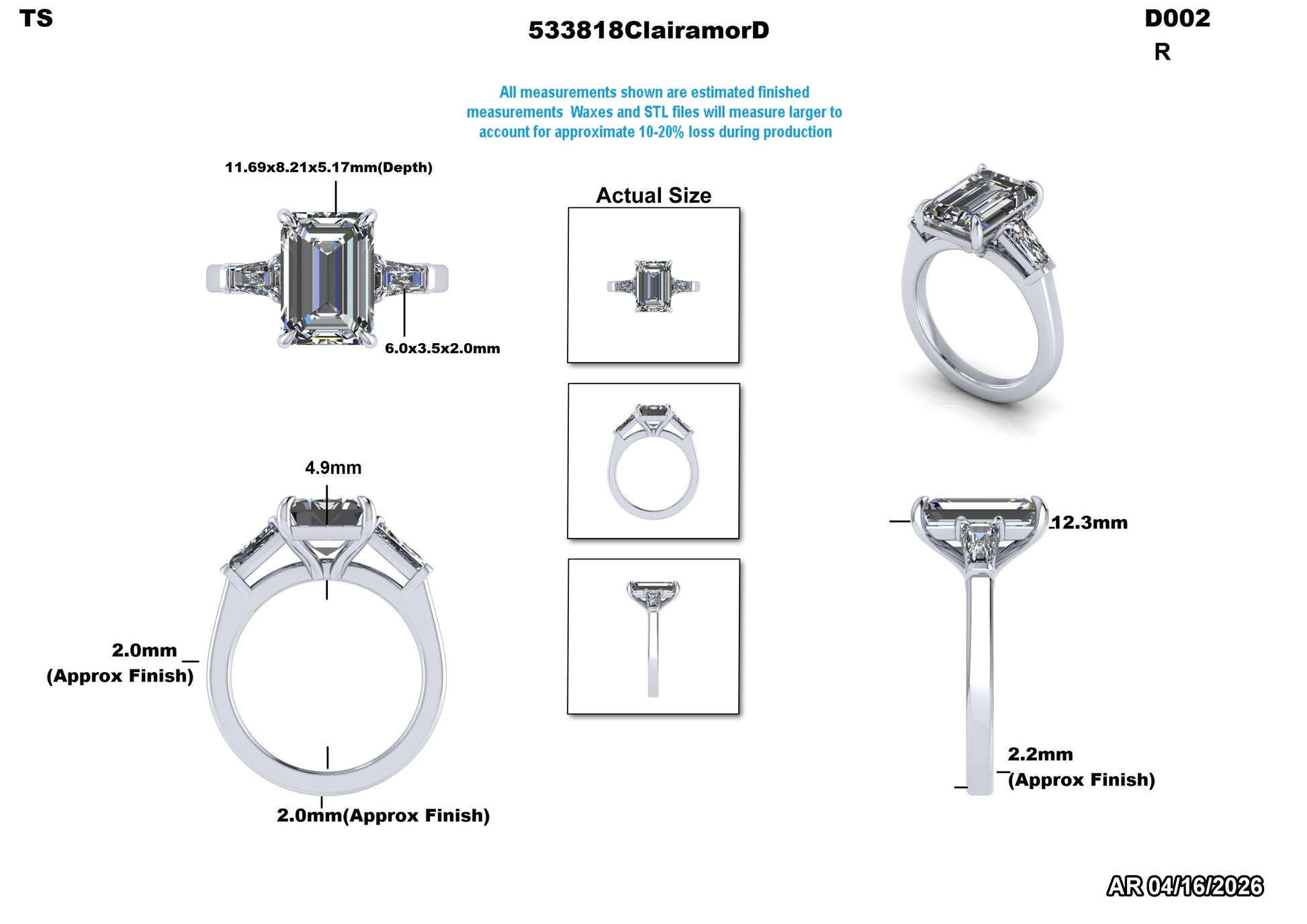 Lab-grown diamond engagement ring with emerald cut center stone and side accents, detailed dimensions shown