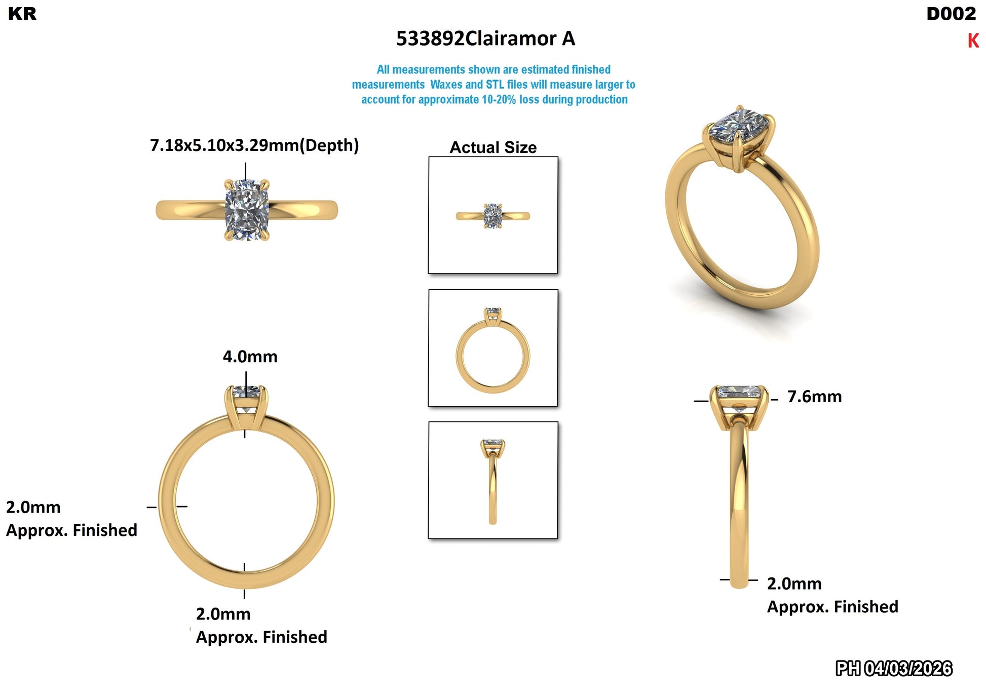 Gold solitaire engagement ring with cushion cut lab-grown diamond, detailed dimensions shown