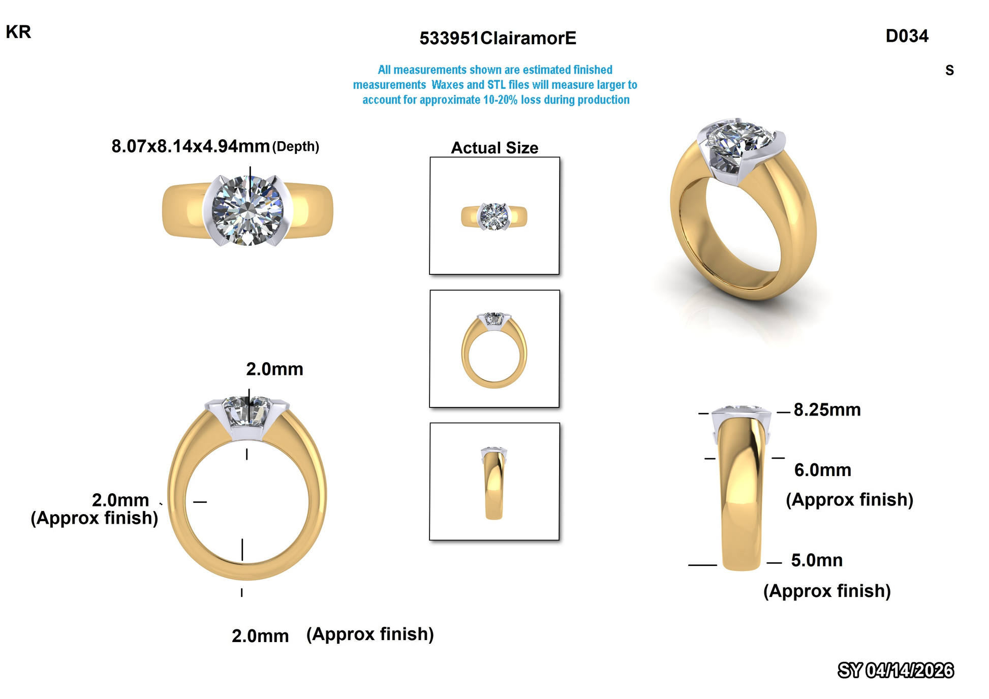 Lab-grown diamond engagement ring in yellow gold with detailed measurements and actual size views