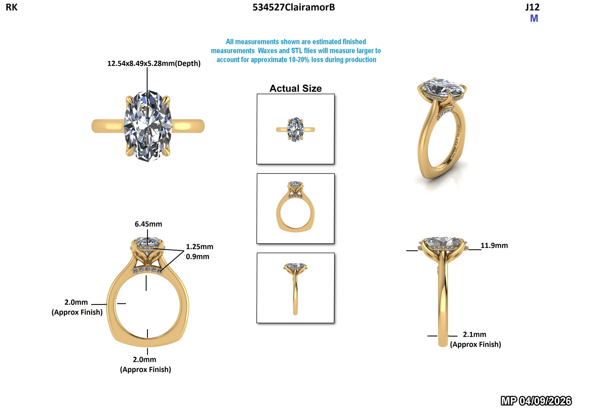 Oval lab-grown diamond engagement ring in yellow gold with detailed measurements and actual size views