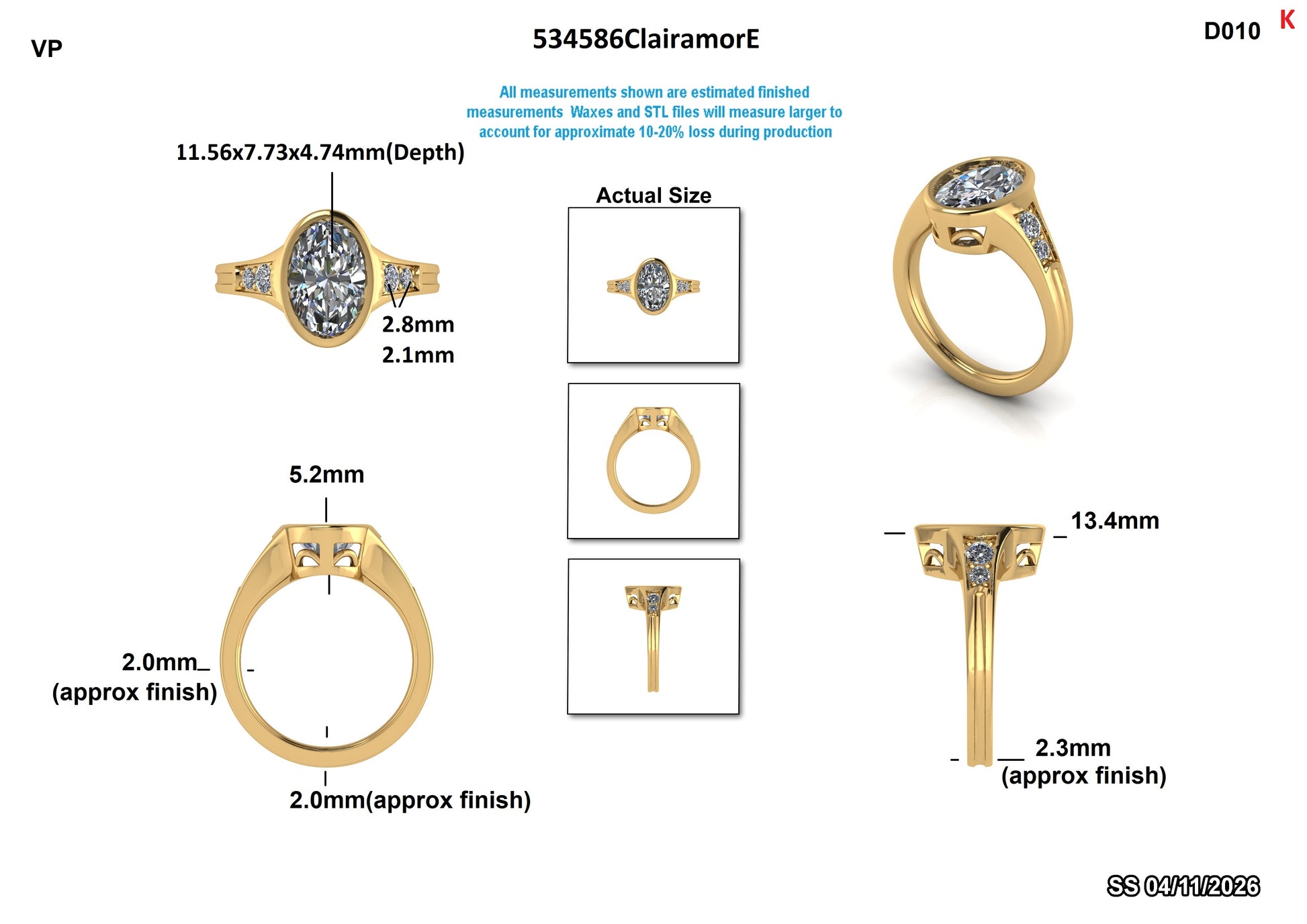 Oval lab-grown diamond engagement ring in yellow gold with side stones, detailed technical specifications shown.