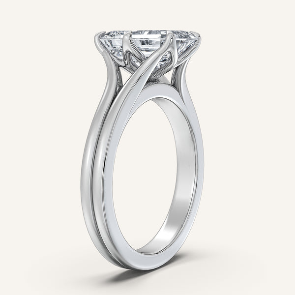 Emerald Cut Double Gold Band Tulip Engagement Ring | 14k White Gold