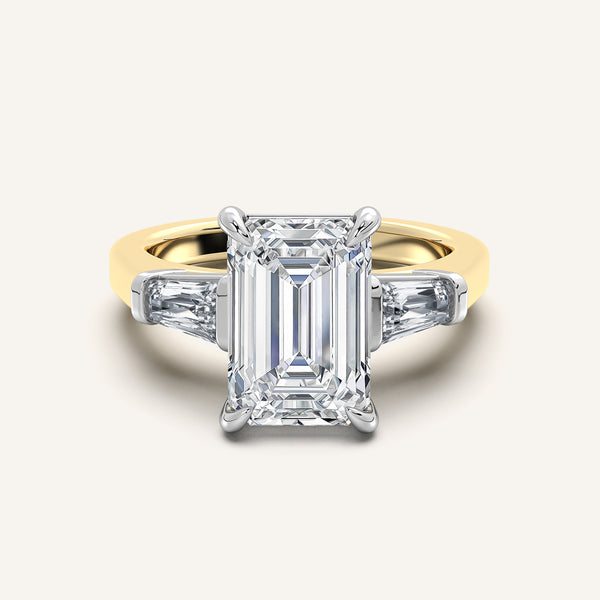 Emerald Cut Tapered Baguette Engagement Ring | 18k Two Tone Gold