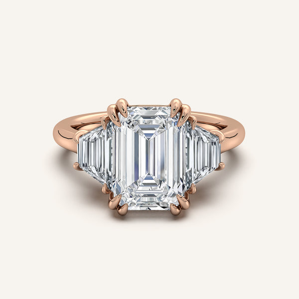 Emerald Cut Three Stone Trapezoid Engagement Ring | 18k Rose Gold