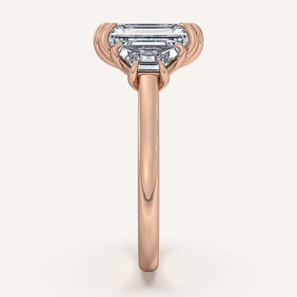 Emerald Cut Three Stone Trapezoid Engagement Ring | 18k Rose Gold