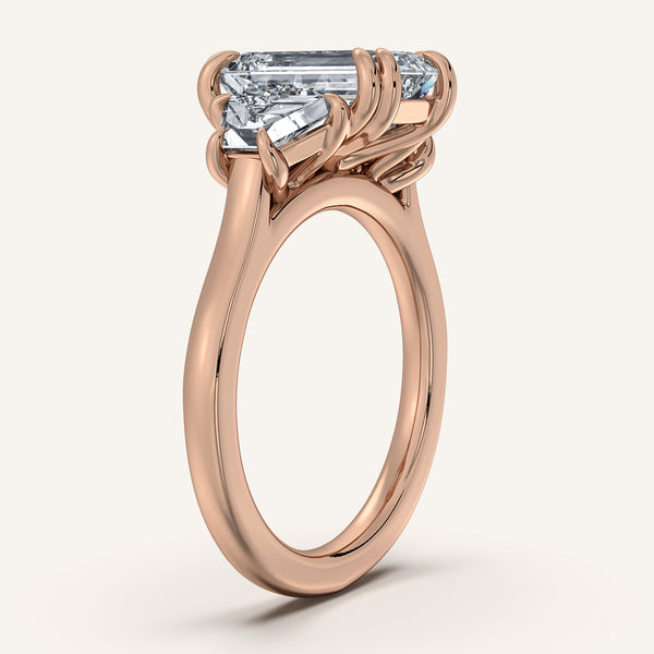 Emerald Cut Three Stone Trapezoid Engagement Ring | 18k Rose Gold