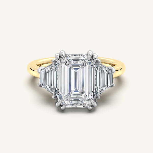 Emerald Cut Three Stone Trapezoid Engagement Ring | 18k Two Tone