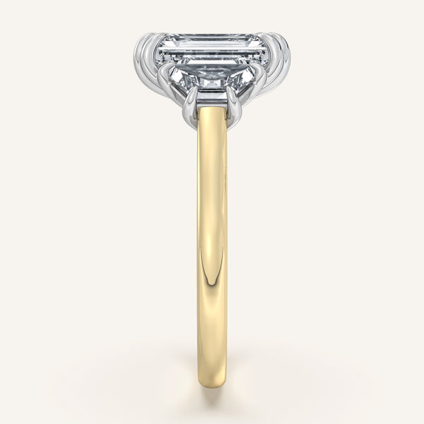 Emerald Cut Three Stone Trapezoid Engagement Ring | 18k Two Tone