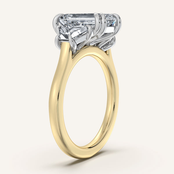Emerald Cut Three Stone Trapezoid Engagement Ring | 18k Two Tone