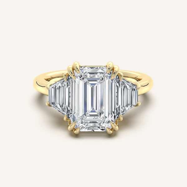 Emerald Cut Three Stone Trapezoid Engagement Ring | 18k Yellow Gold