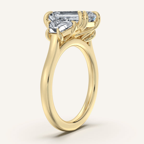 Emerald Cut Three Stone Trapezoid Engagement Ring | 14k Yellow Gold