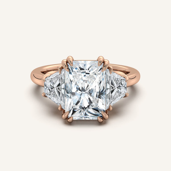 Radiant Cut Three Stone Trapezoid Engagement Ring | 18k Rose Gold
