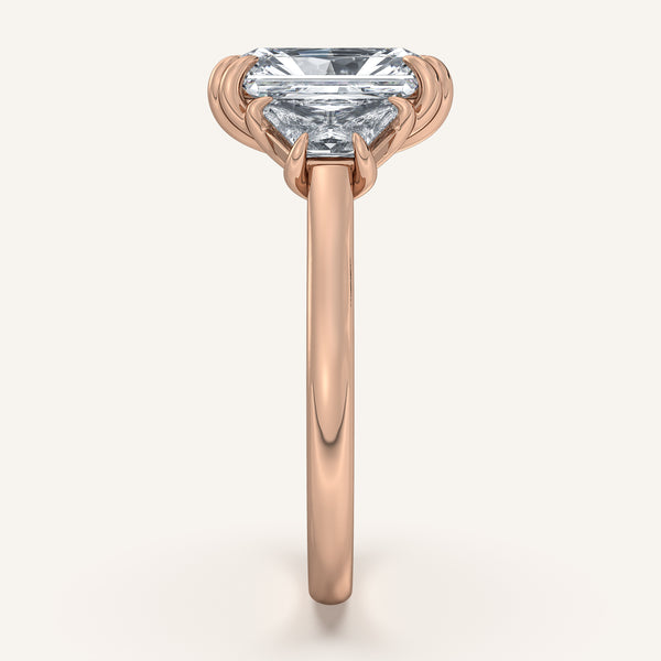 Radiant Cut Three Stone Trapezoid Engagement Ring | 18k Rose Gold