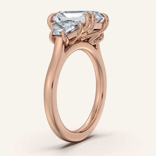 Radiant Cut Three Stone Trapezoid Engagement Ring | 18k Rose Gold