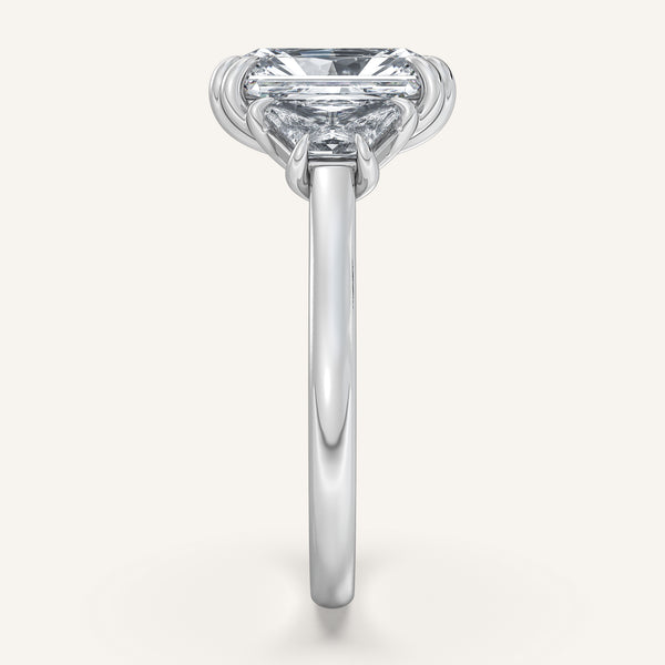 Radiant Cut Three Stone Trapezoid Engagement Ring | 18k White Gold