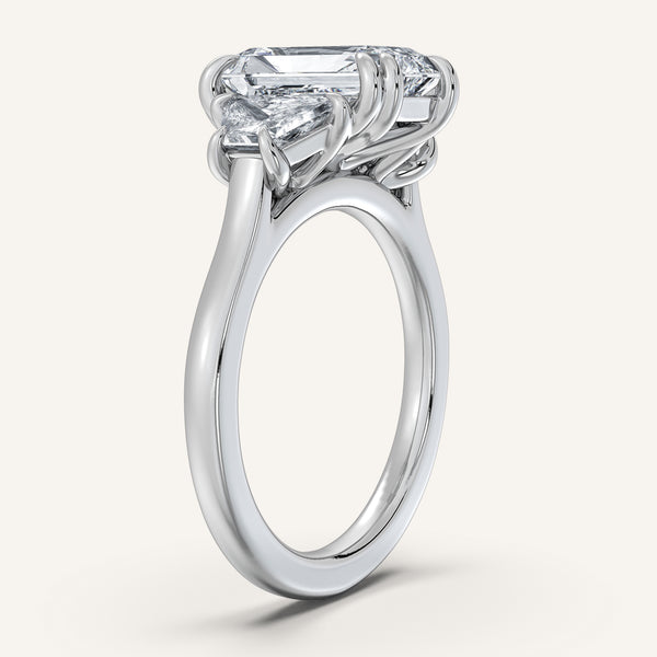 Radiant Cut Three Stone Trapezoid Engagement Ring | 18k White Gold