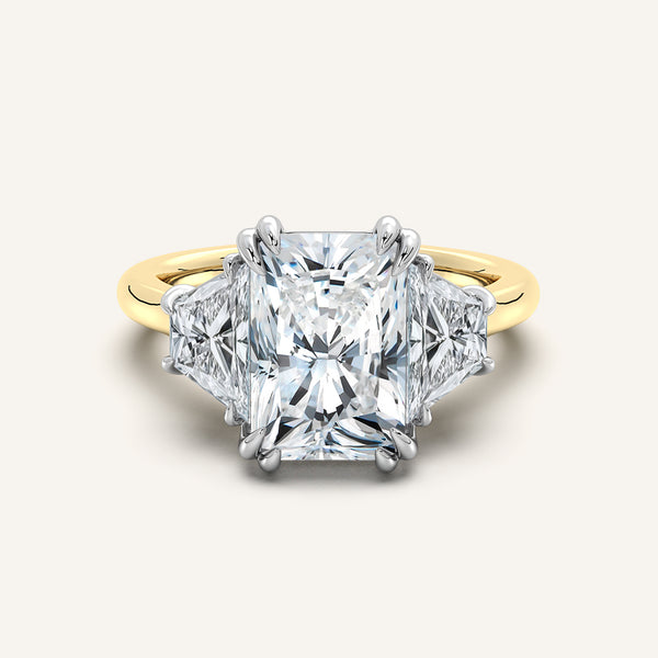 Radiant Cut Three Stone Trapezoid Engagement Ring | 18k Two Tone